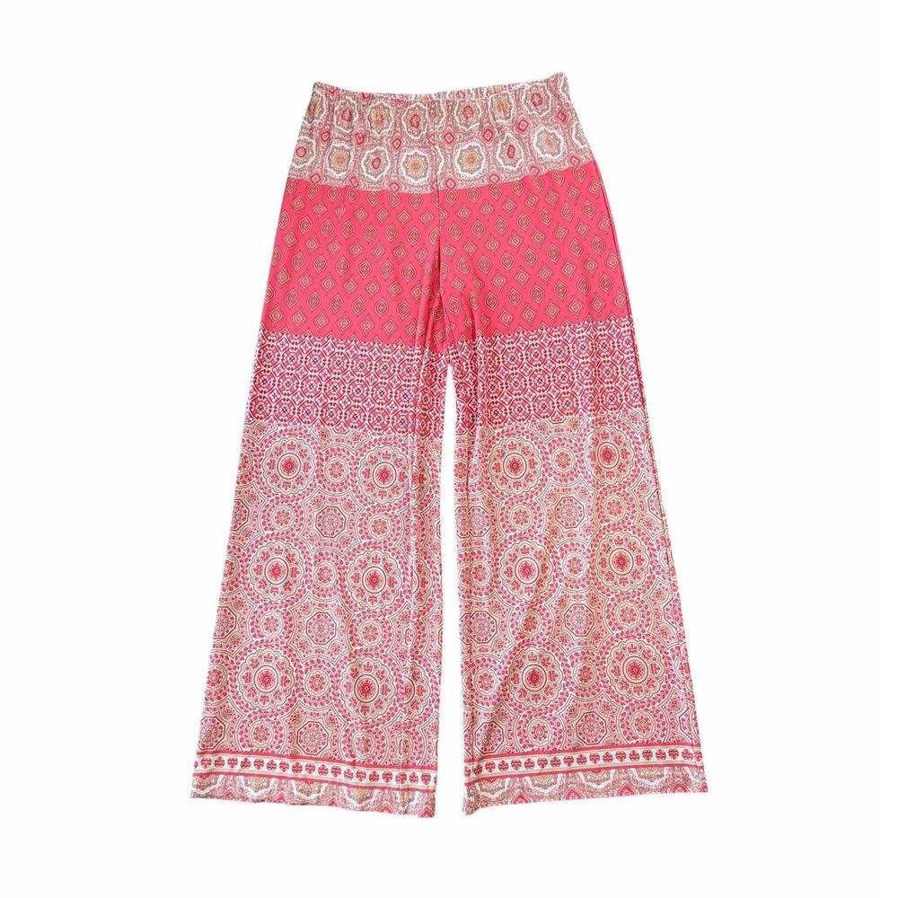 Chico’s Sz 2 Coral Pattern Palazzo Wide Leg Pull On Comfort Relaxed Fit Pants